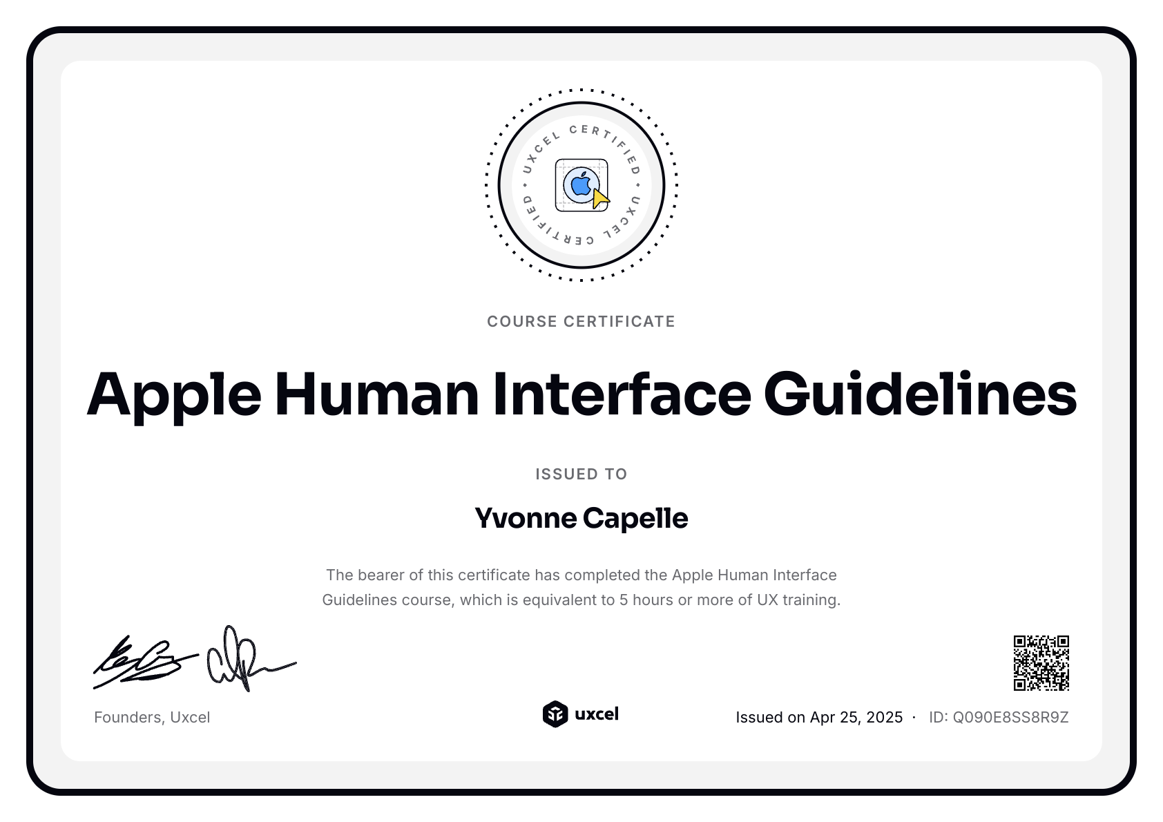 Yvonne Capelle's certificate